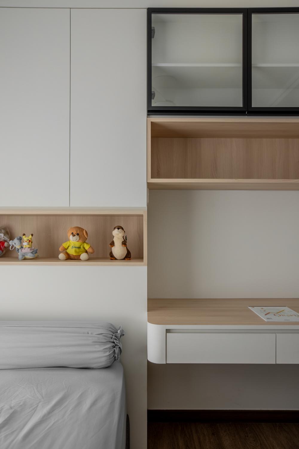 Modern Bedroom with Herringbone Tiling and Wood Flooring