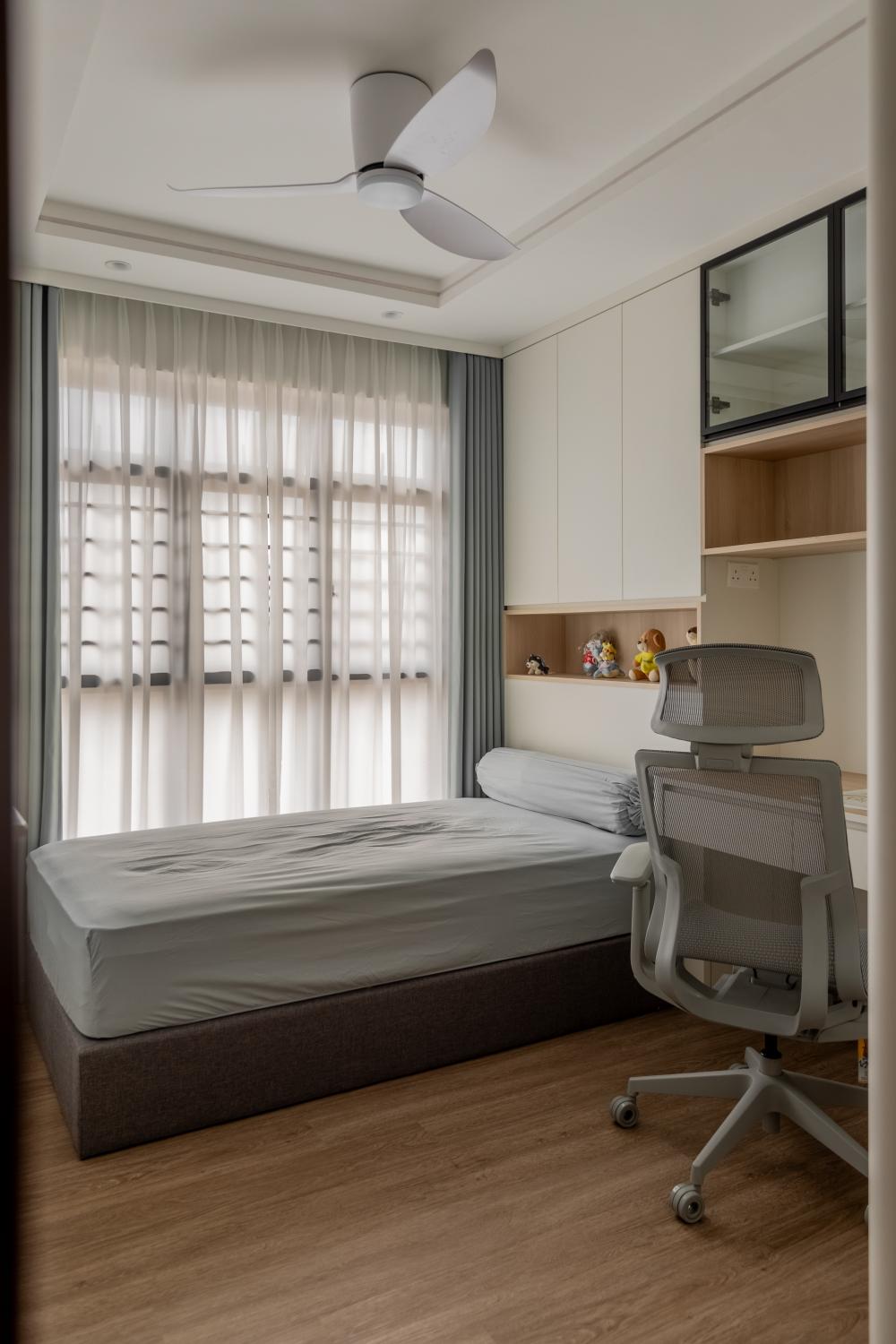 Modern Bedroom with Platform Bed and Herringbone Tiling