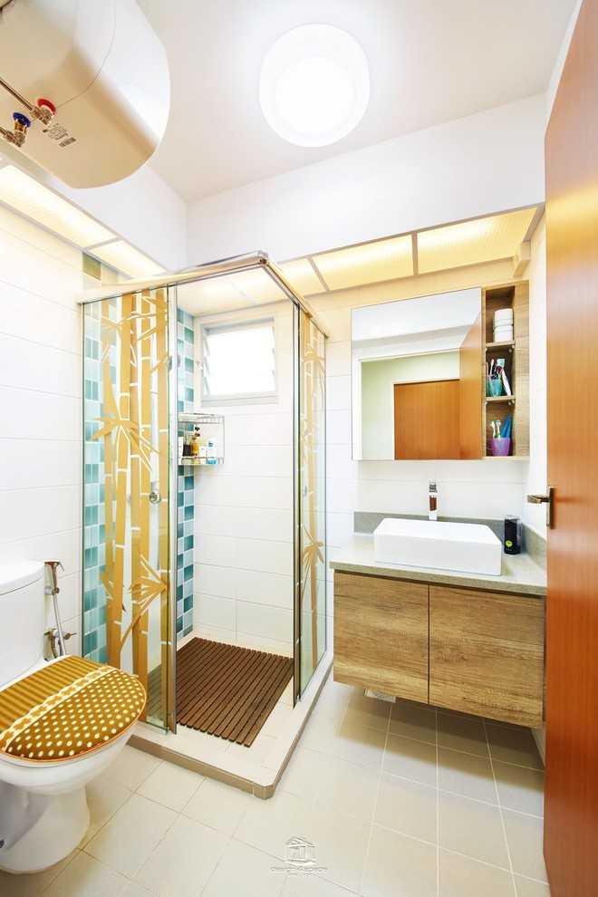 Asian Bathroom with Wood Flooring and Mirror