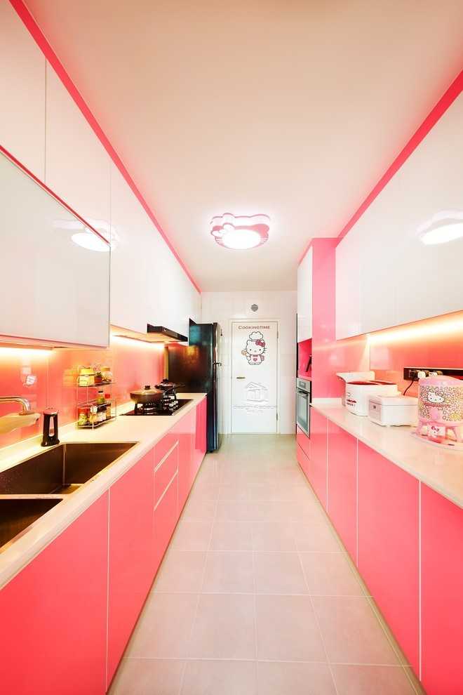 Asian Kitchen with Wood Flooring and Open Kitchen