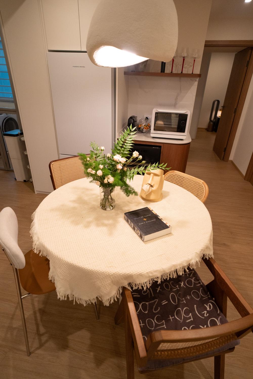 Minimalist Dining Room with Drop Light and Dining Table