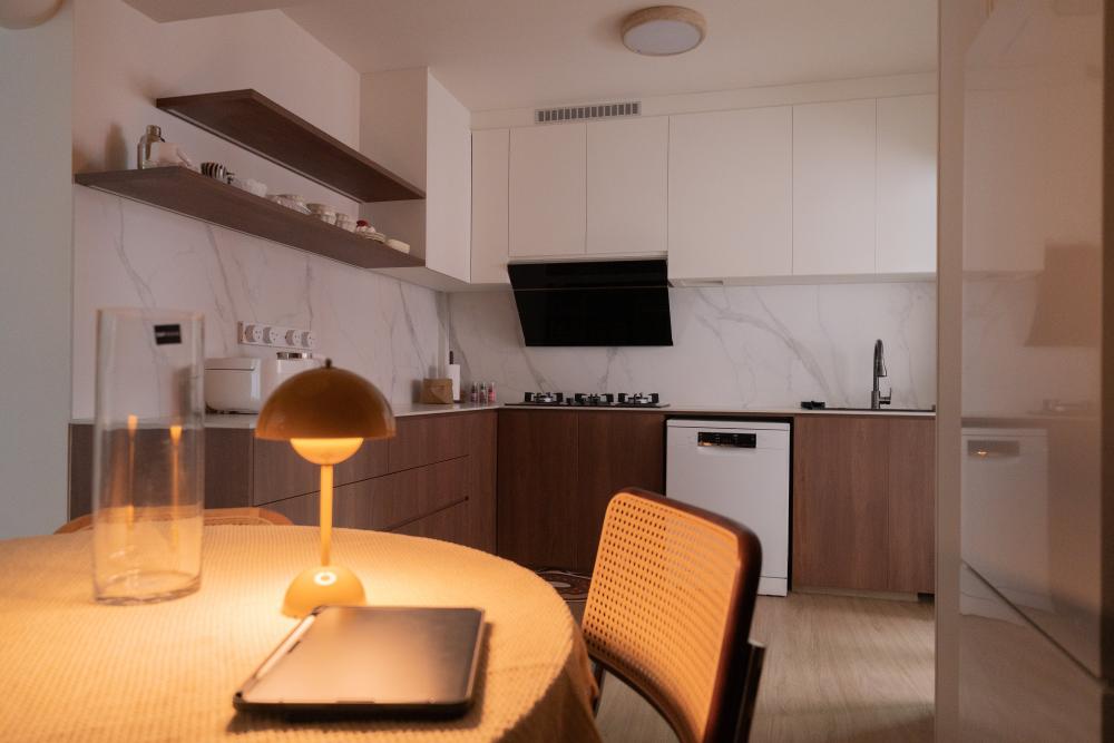 Minimalist Dining Room with Drop Light and Dining Table