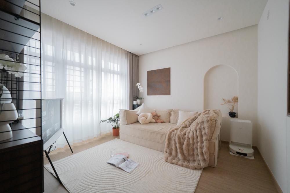 Minimalist Living Room with Vinyl Flooring and Feature Wall