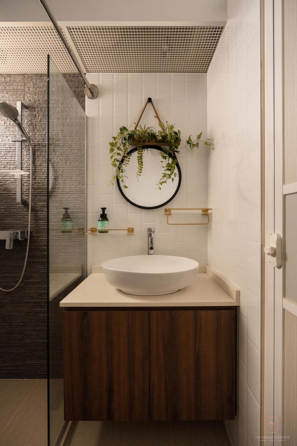 Scandinavian Bathroom with Countertop and Homogeneous Tiles