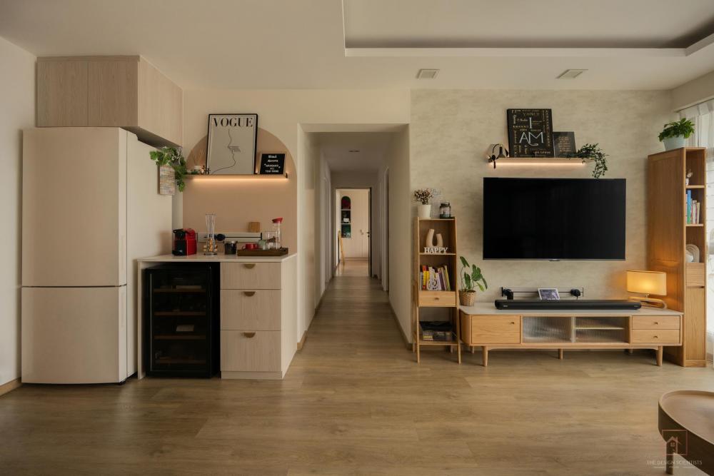 Scandinavian Living Room with Bookshelf and Vinyl Flooring