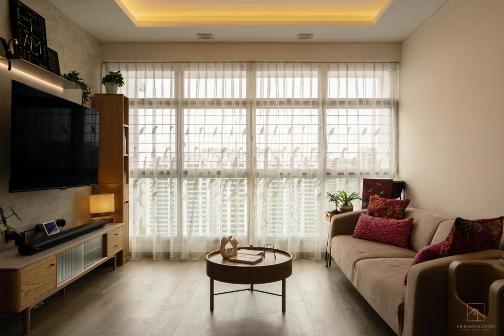 Scandinavian Living Room with Bookshelf and Cove Lighting