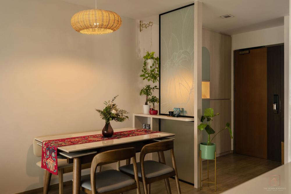 Scandinavian Dining Room with Chandelier and Dining Table