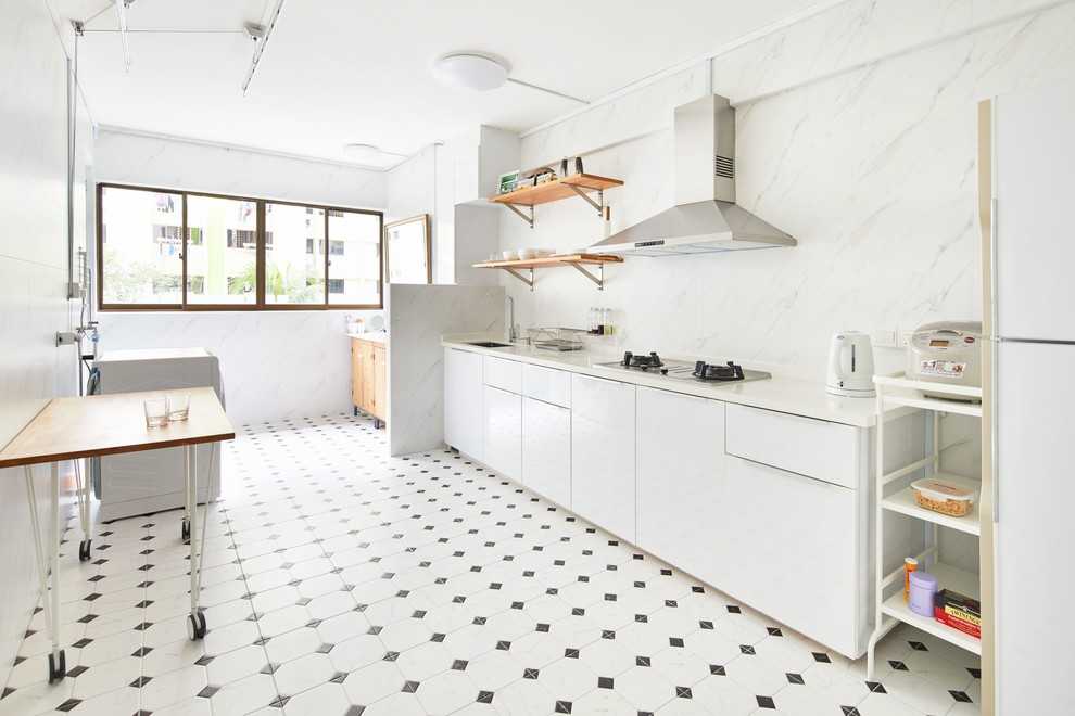 Minimalist Kitchen with Wood Flooring and Kitchen Window