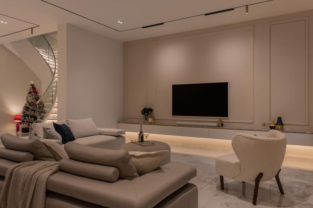 Modern Living Room with Marble Floor and TV Console