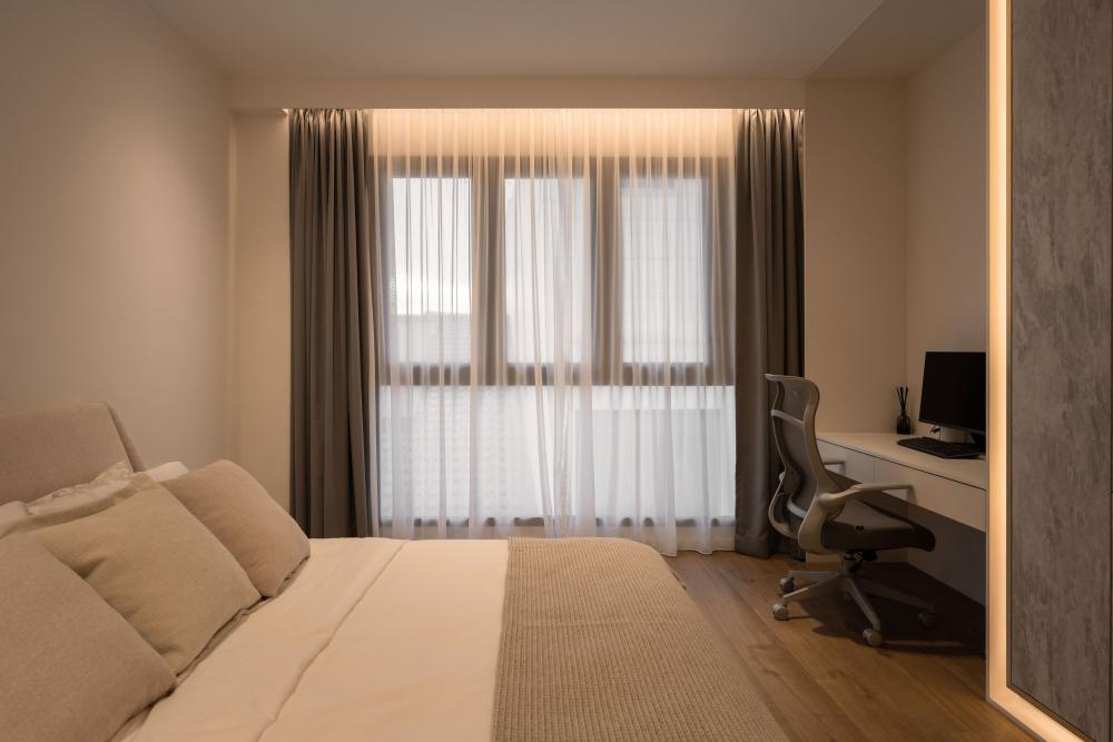 Modern Bedroom with Wood Flooring and Bay Window