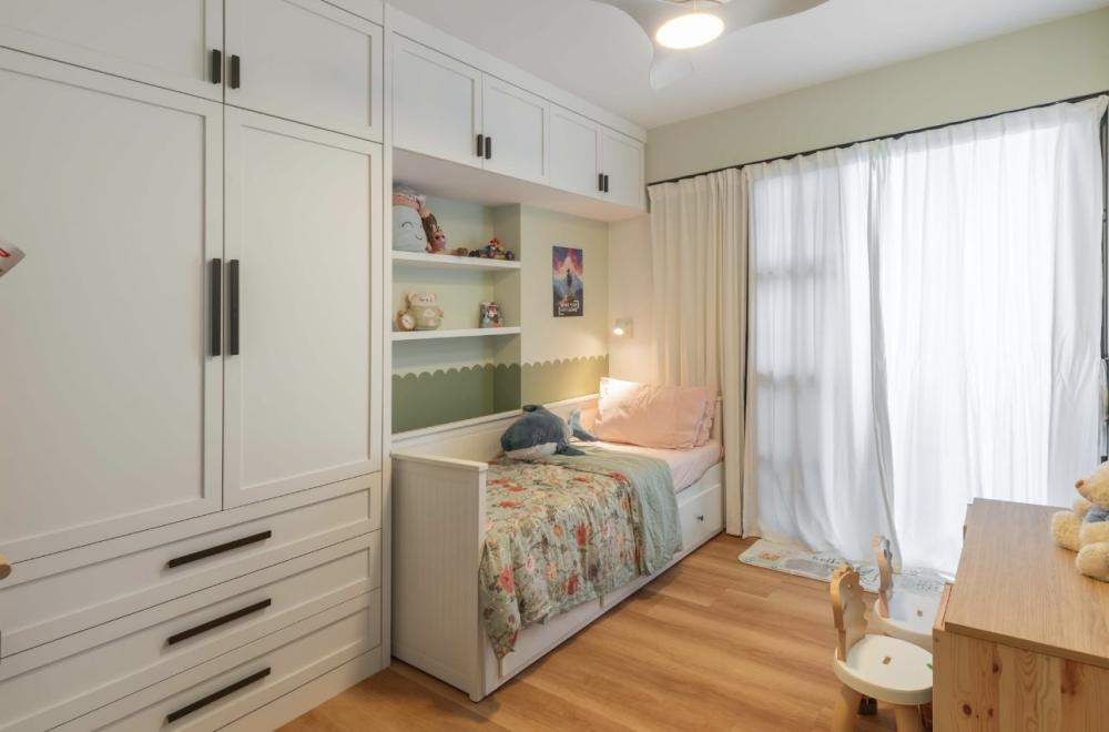 Vintage Bedroom with Platform Bed and Vinyl Flooring