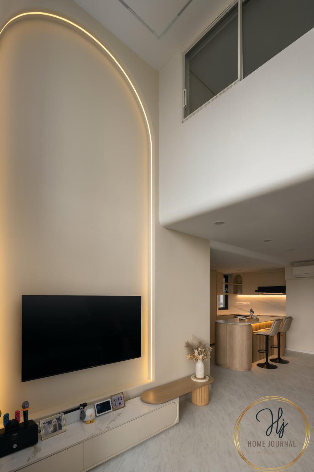 Scandinavian Living Room with TV Console and Feature Wall
