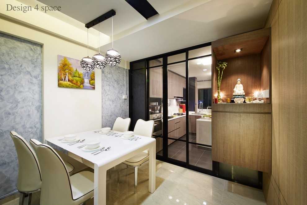 Contemporary Dining Room with Drop Ceiling and Downlights