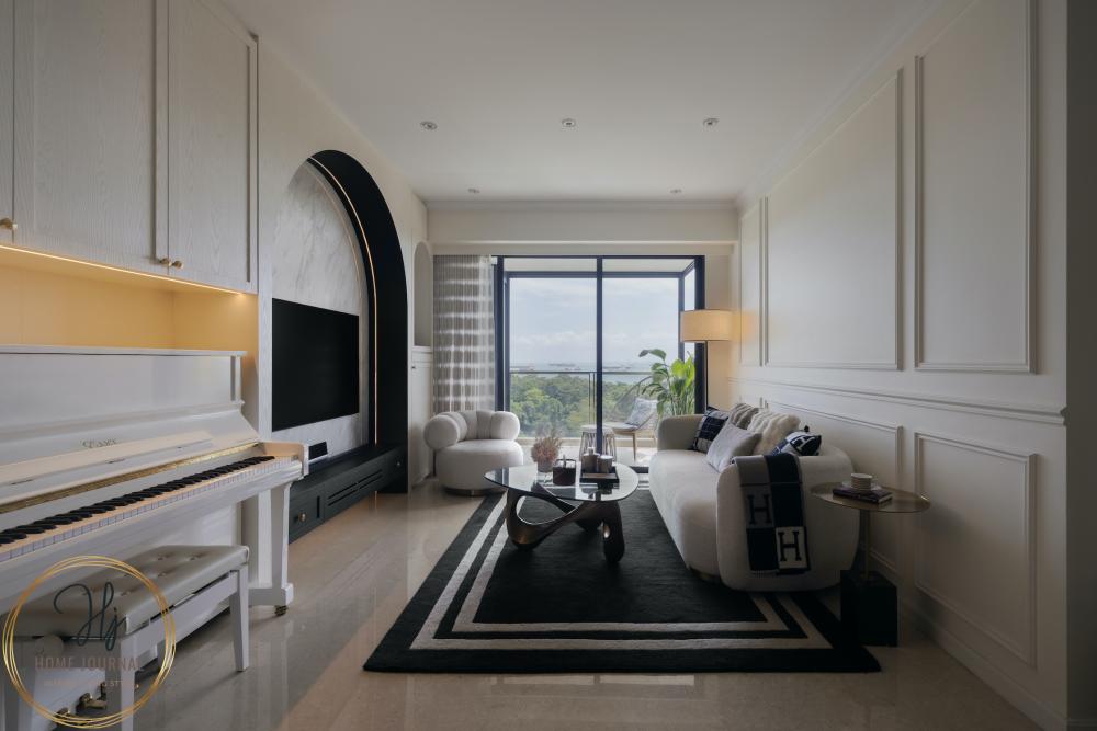 Modern Living Room with Bookshelf and Feature Wall