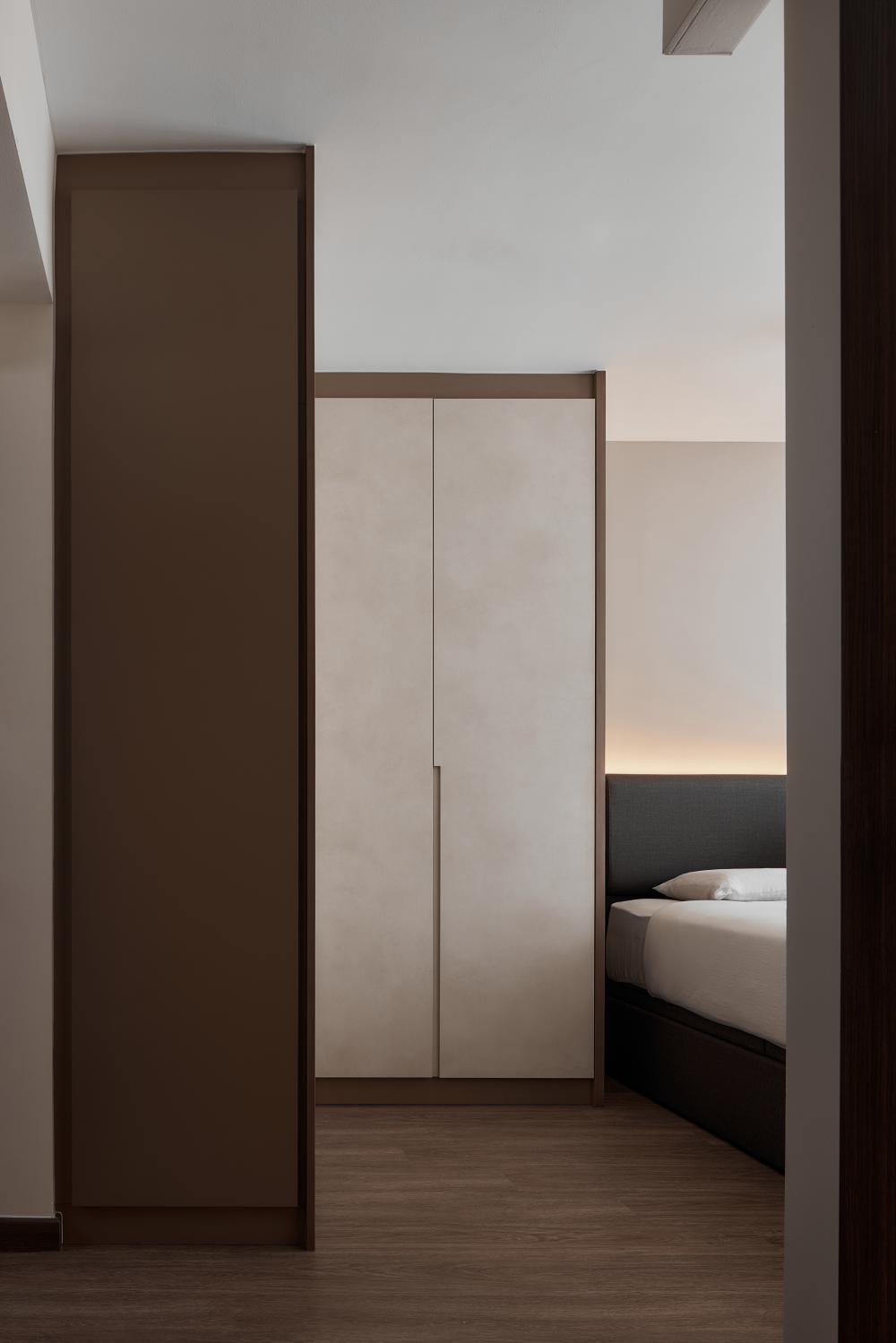 Scandinavian Bedroom with Wood Flooring and Wardrobe