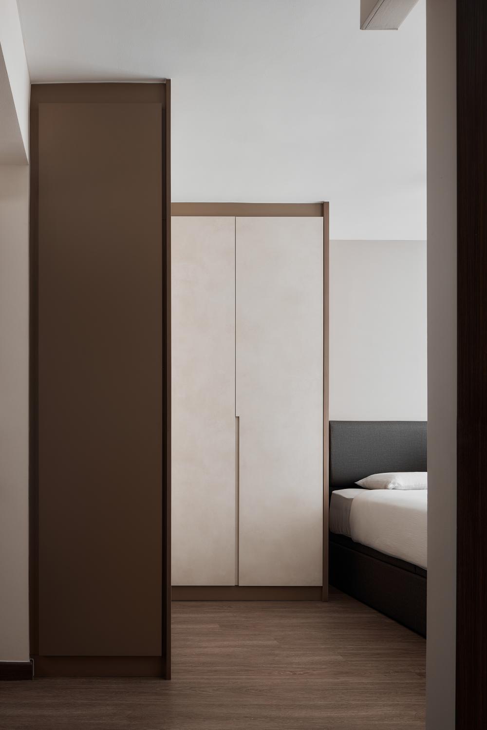 Scandinavian Bedroom with Wood Flooring and Wardrobe