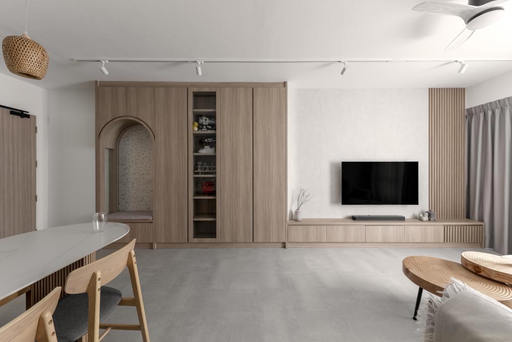 Scandinavian Living Room with TV Console and Feature Wall