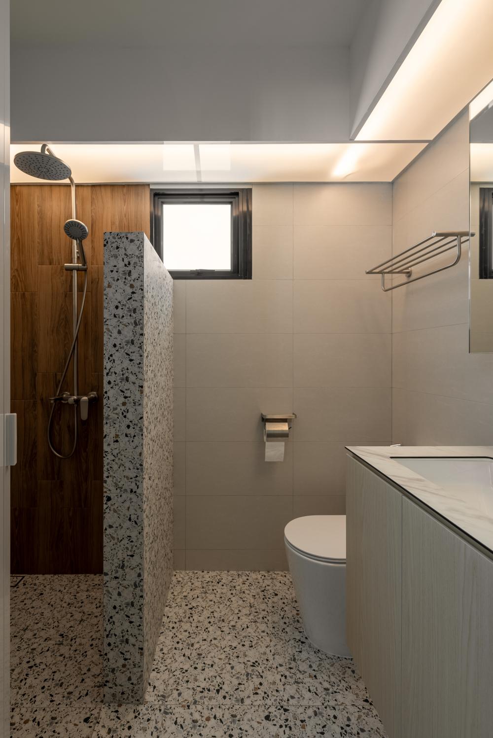 Scandinavian Bathroom with Granite Floor and Mirror
