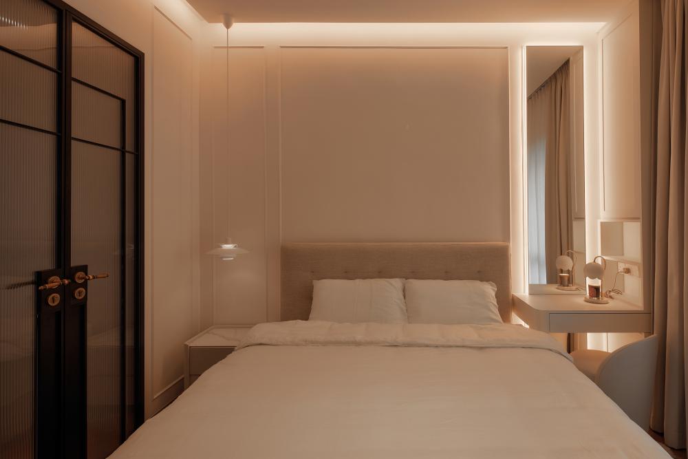 Modern Bedroom with Ceiling Light and Bedside Table