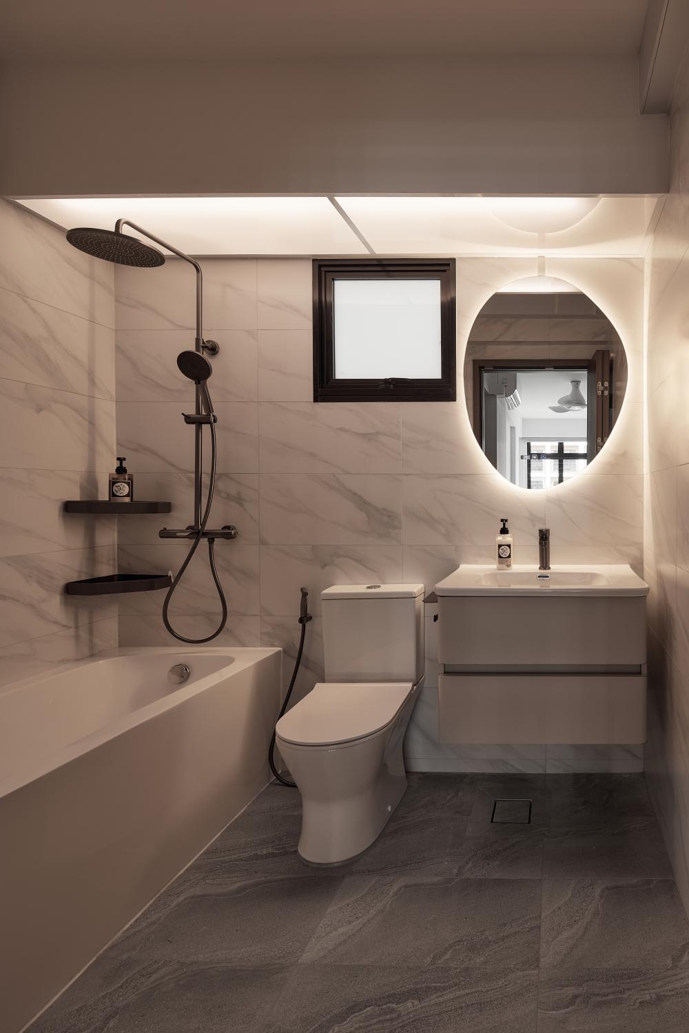 Scandinavian Bathroom with Mirror and Rainshower