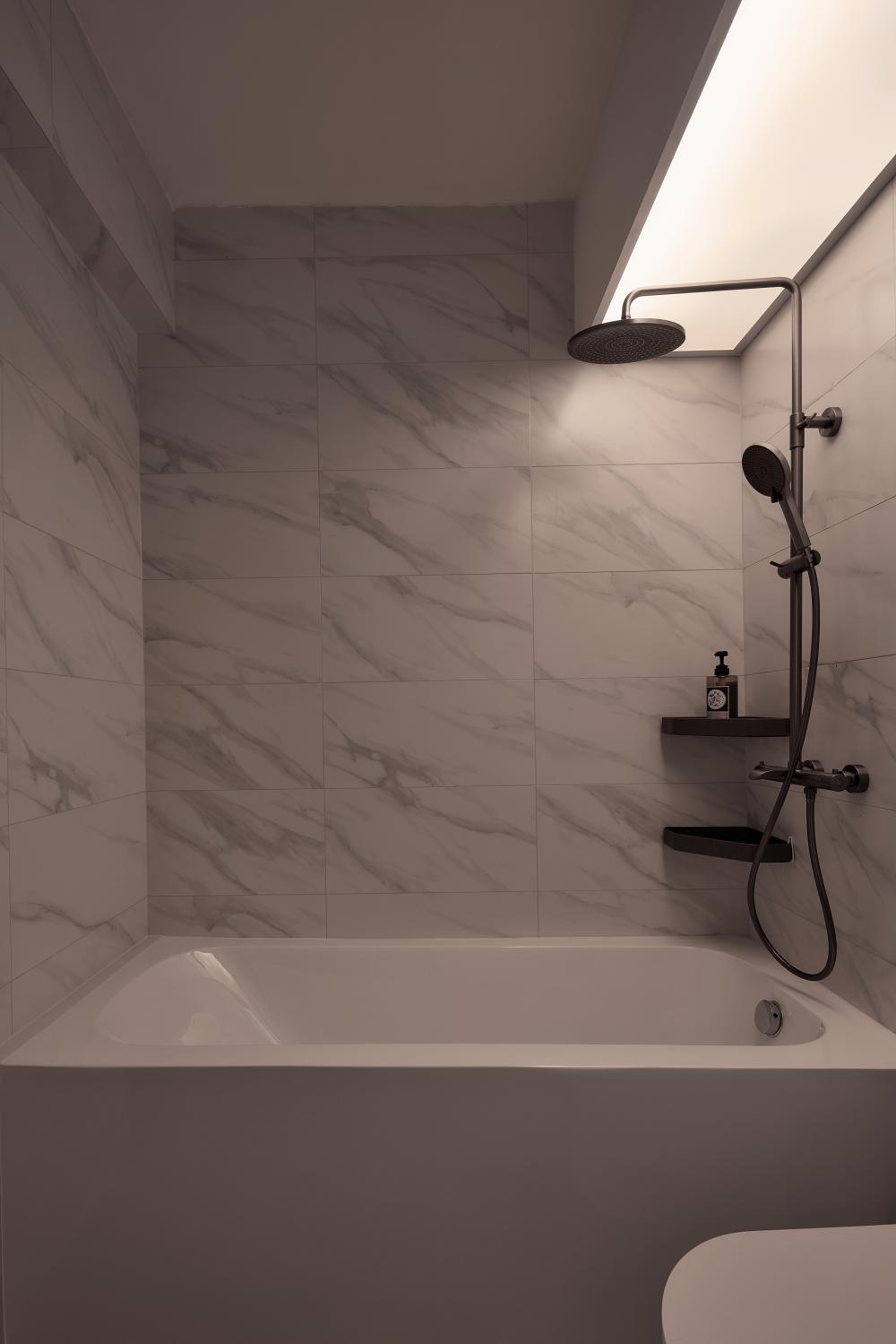 Scandinavian Bathroom with Bathtub and Rainshower
