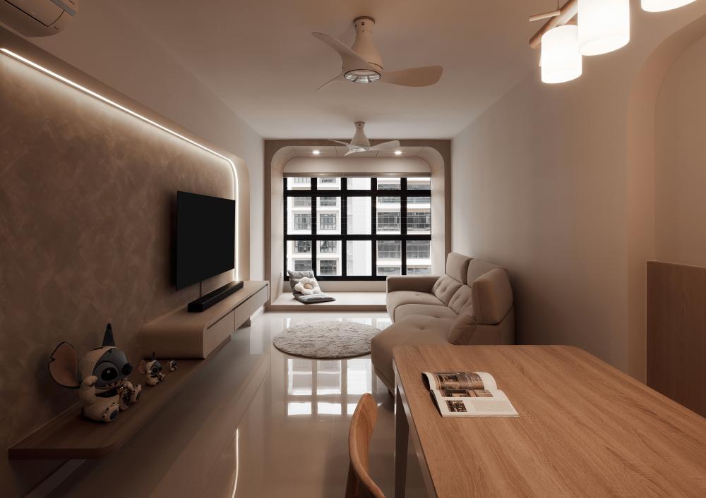 Scandinavian Living Room with TV Console and Feature Wall