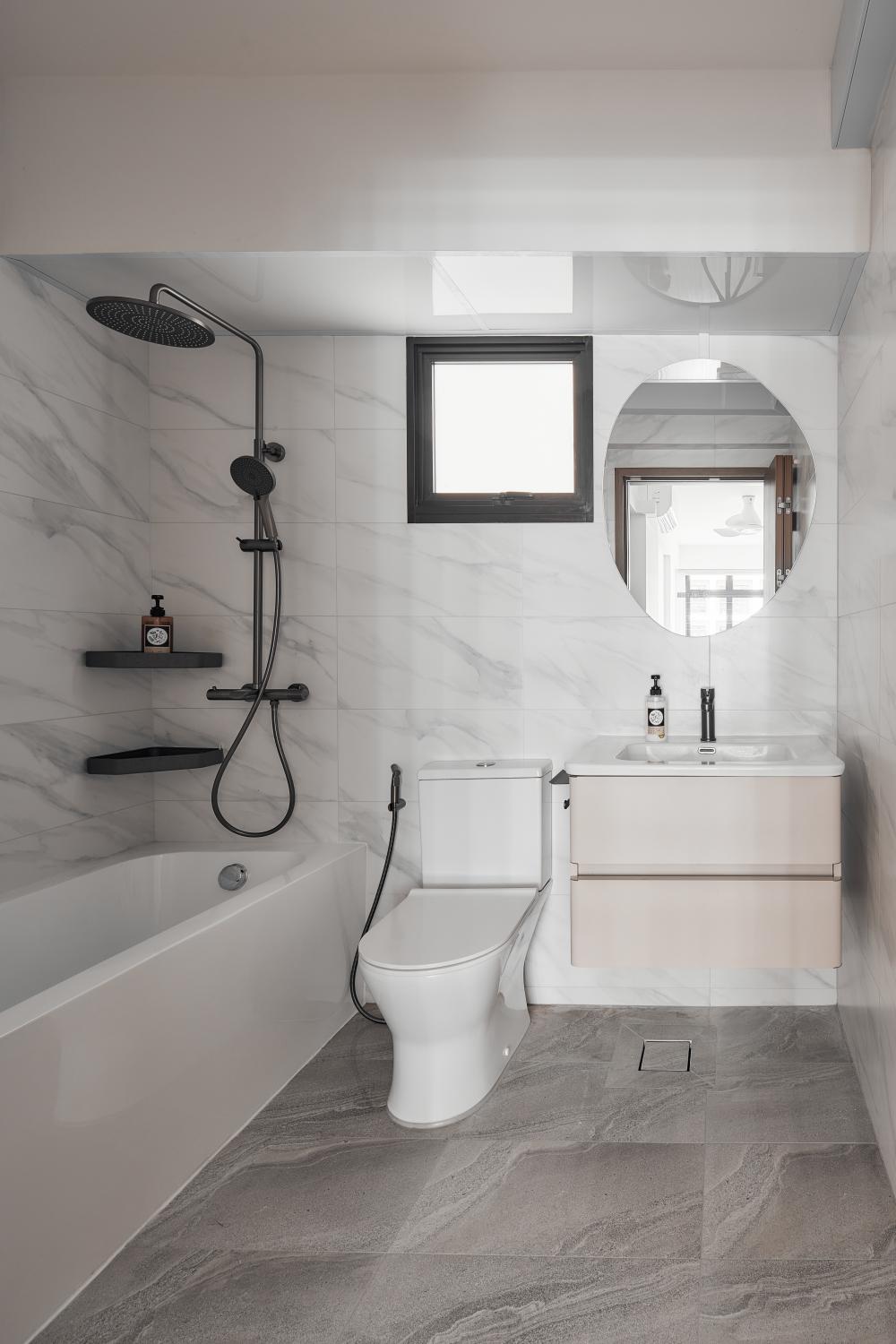 Scandinavian Bathroom with Countertop and Mirror