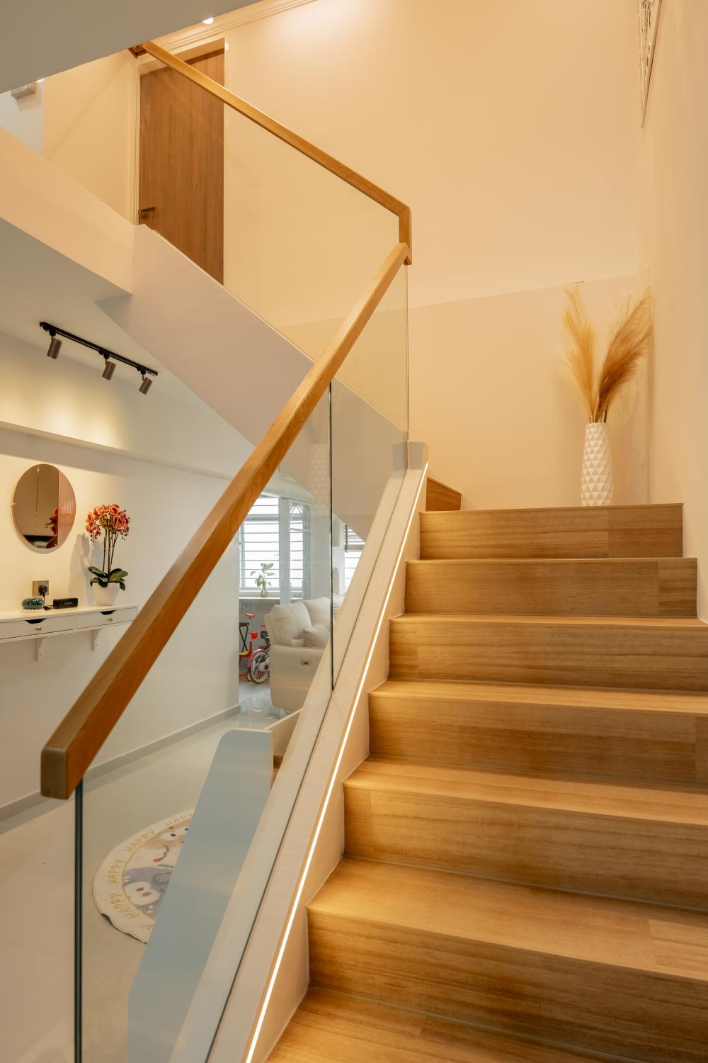 Modern Hallway with Bookshelf and Artwork