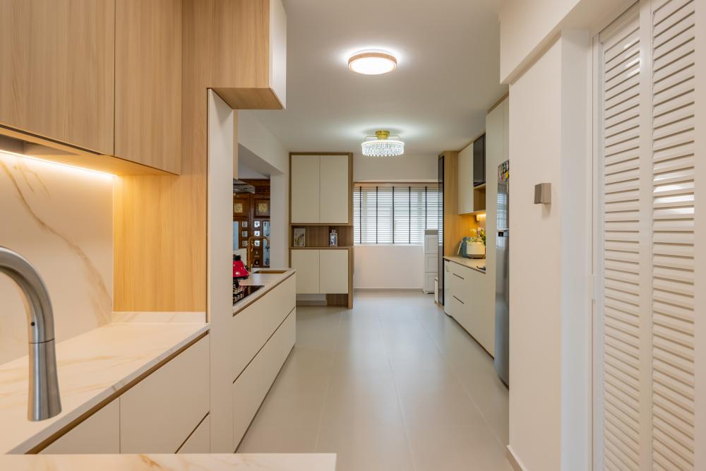 Modern Kitchen with Cement Floor and Kitchen Window