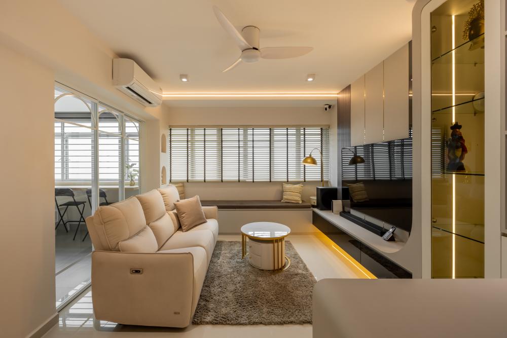 Modern Living Room with Countertop and Parquet Floor