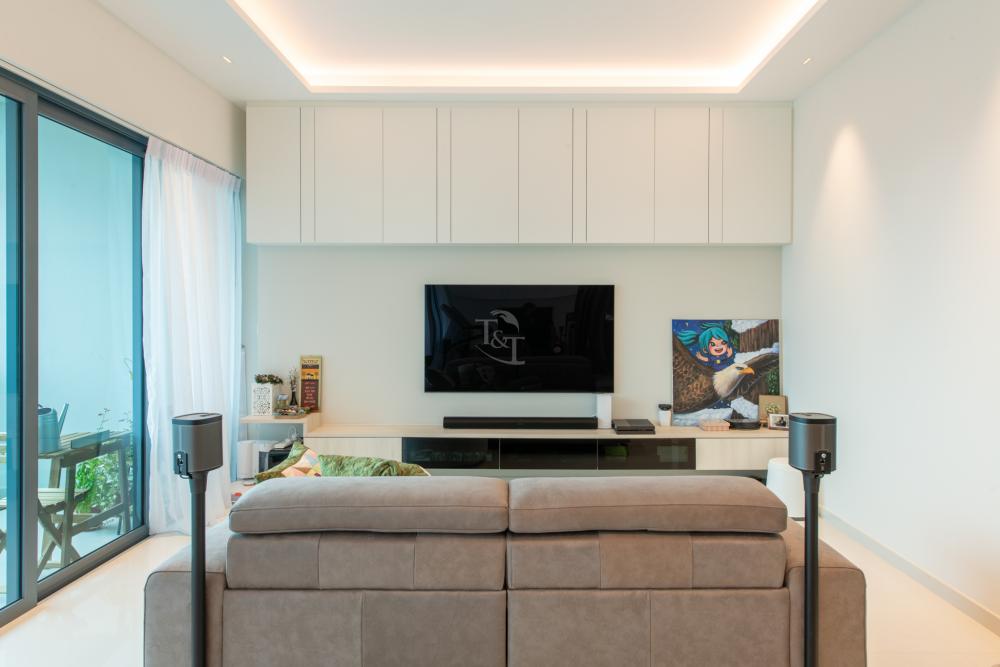 Modern Living Room with Homogeneous Tiles and TV Console