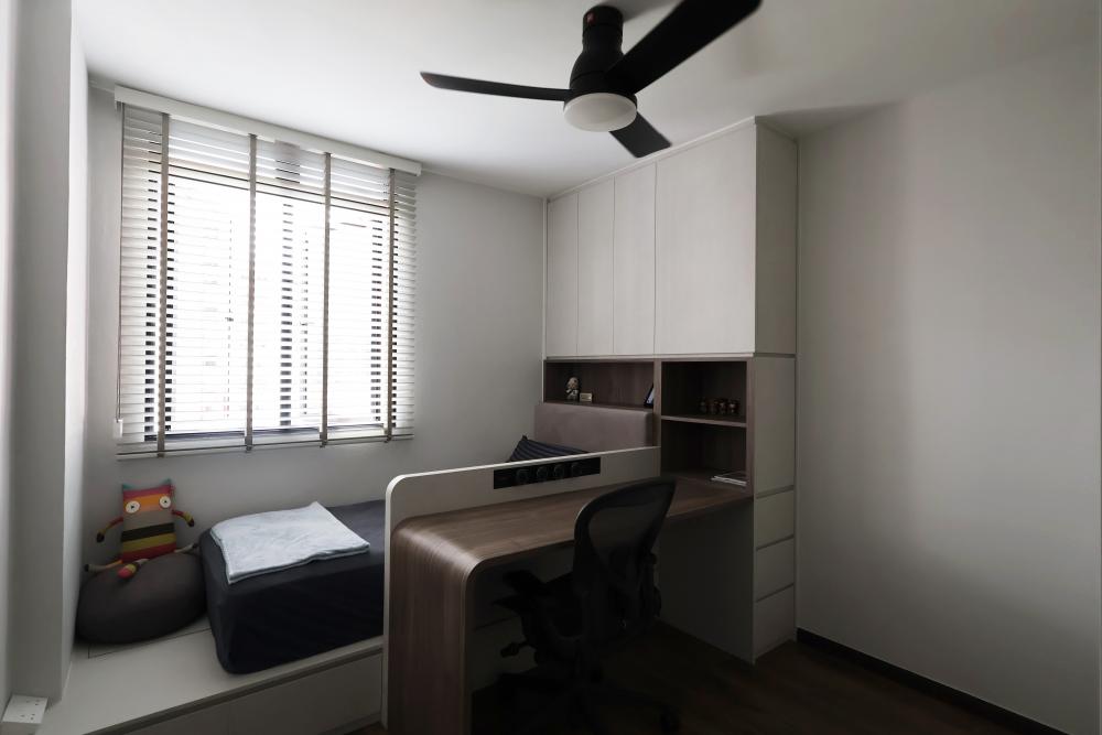 Contemporary Kids Room with Bookshelf and Built-in Bed