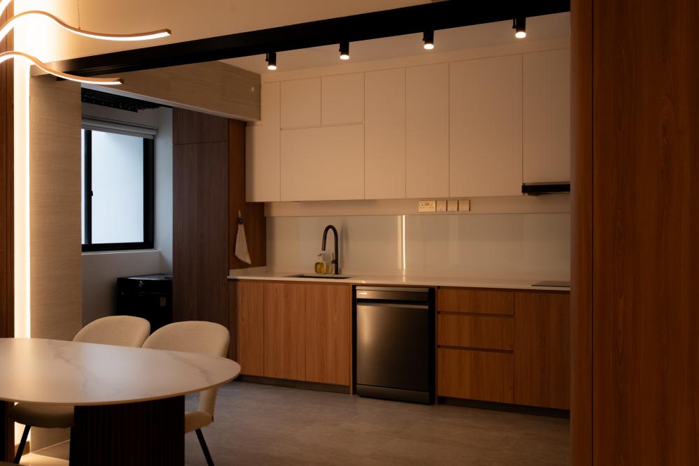 Scandinavian Kitchen with Countertop and Vinyl Flooring