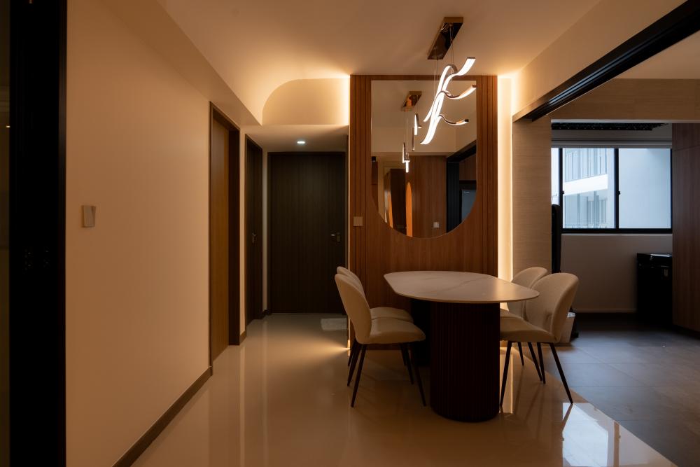 Scandinavian Dining Room with Cove Lighting and Ceiling Light
