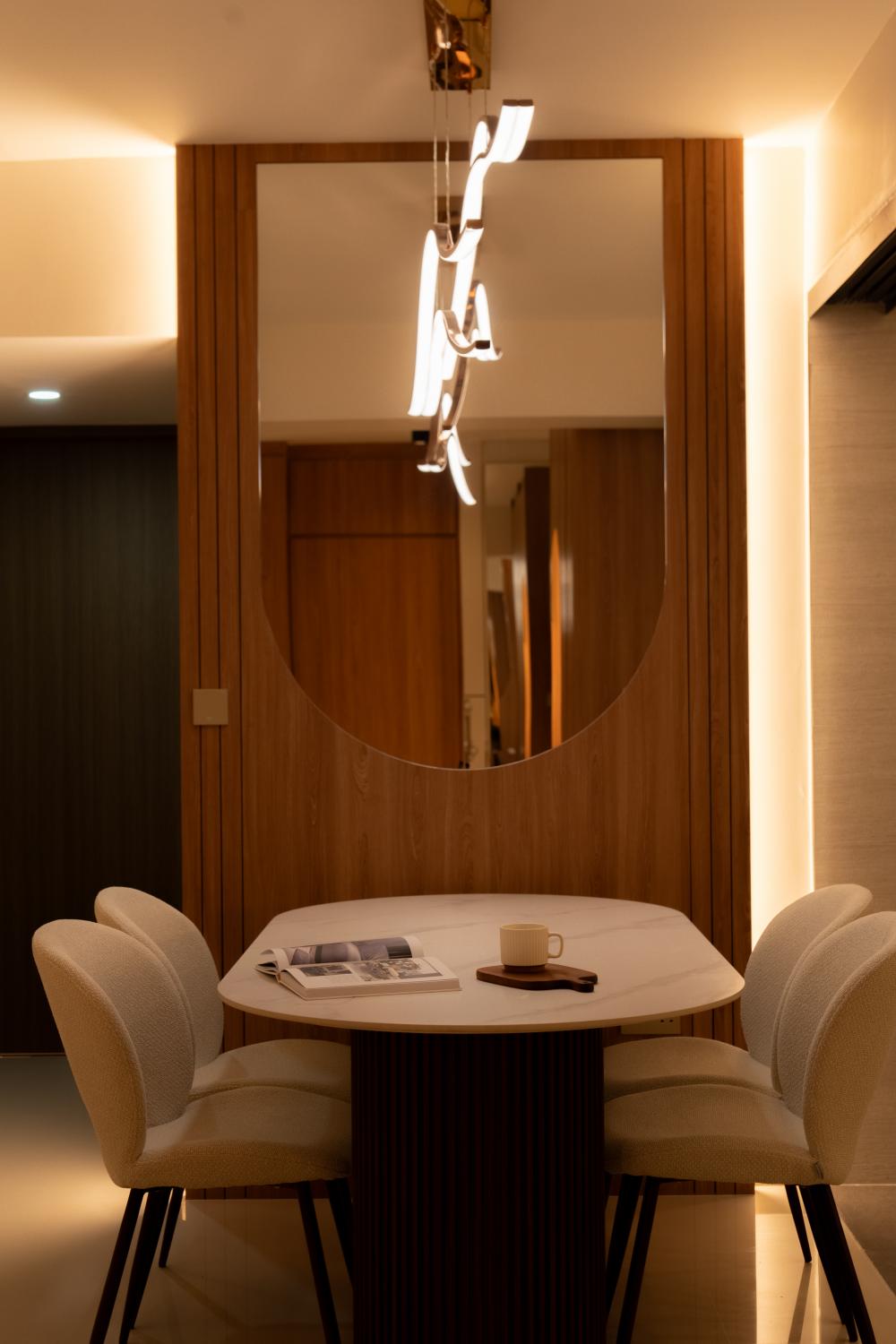 Scandinavian Dining Room with Drop Light and Ceiling Light