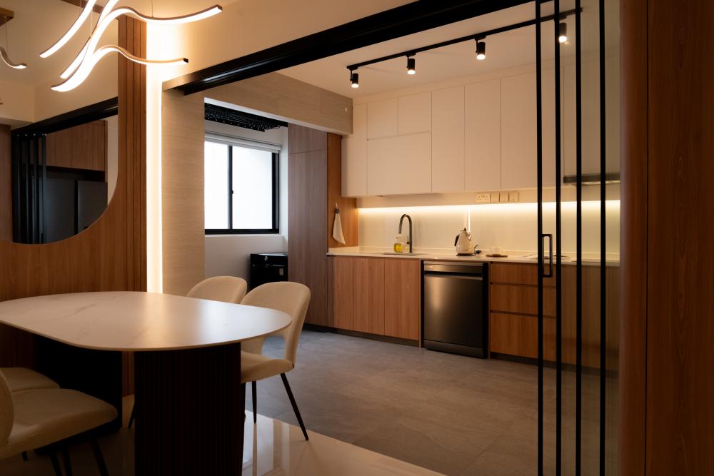 Scandinavian Dining Room with Cove Lighting and Dining Table