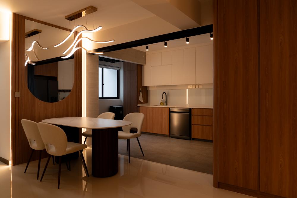 Scandinavian Dining Room with Drop Light and Ceiling Light