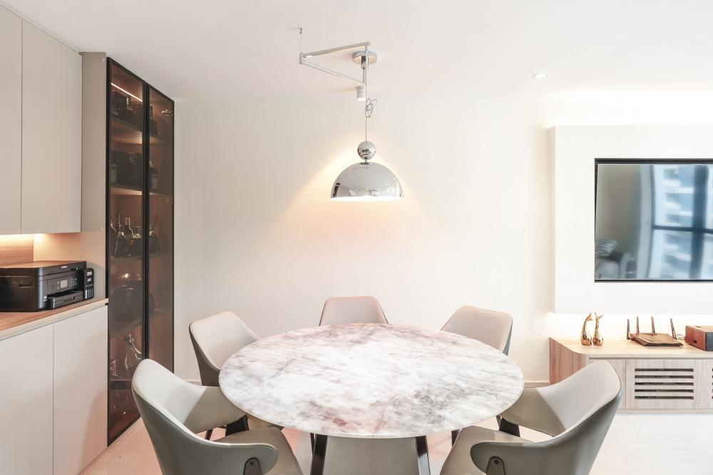 Contemporary Dining Room with Drop Light and Dining Table