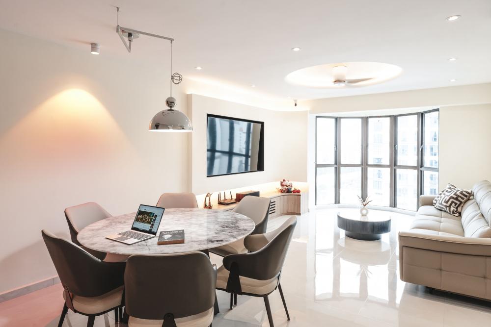 Contemporary Dining Room with Drop Light and Dining Table
