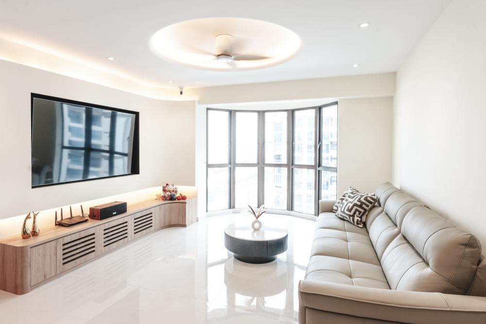 Contemporary Living Room with TV Console and Cove Lighting