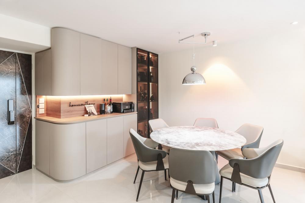 Contemporary Dining Room with Drop Light and Cove Lighting