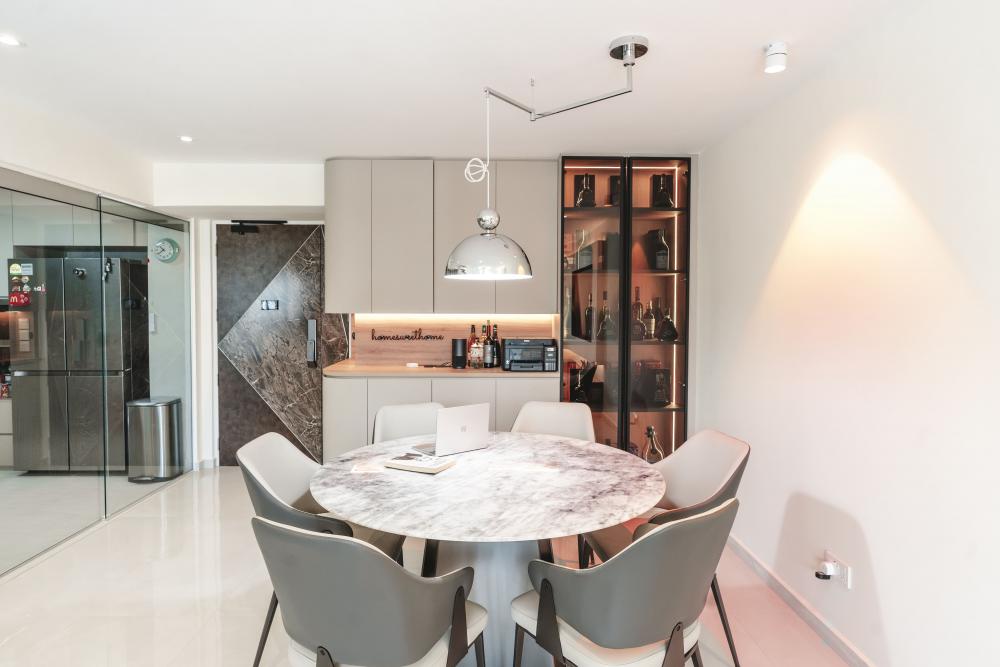 Contemporary Dining Room with Drop Light and Dining Table