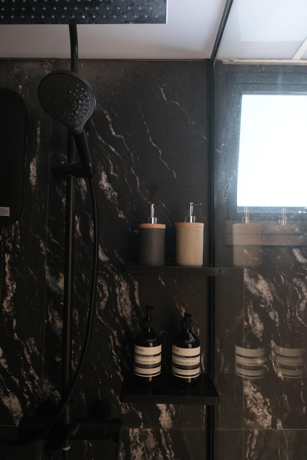 Scandinavian Bathroom with Shower Screen and Mosaic