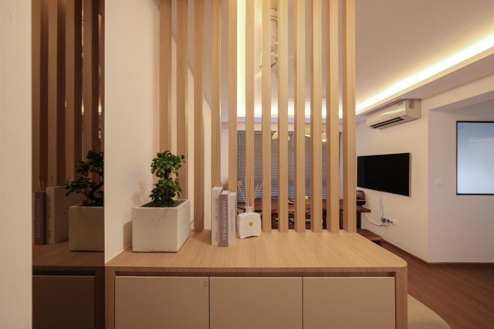 Scandinavian Foyer with Feature Wall and Mirror