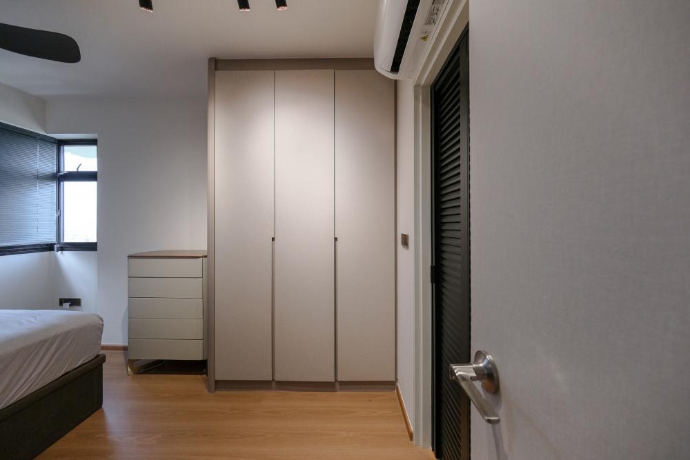 Scandinavian Bedroom with Cement Floor and Bay Window