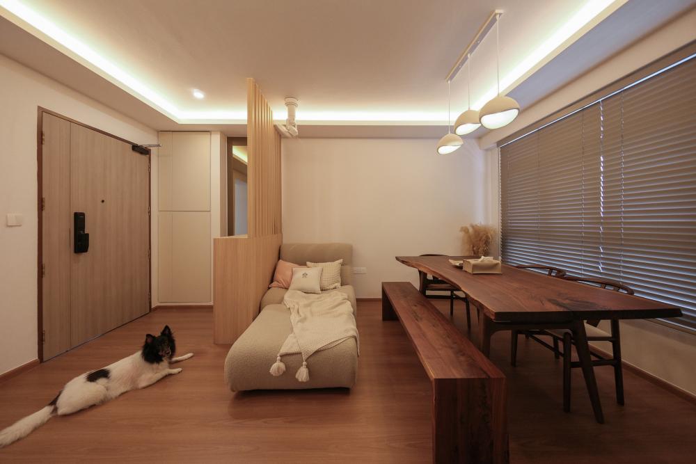 Scandinavian Living Room with Feature Wall and Ceiling Light