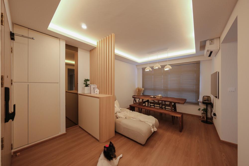 Scandinavian Living Room with Cement Floor and Feature Wall