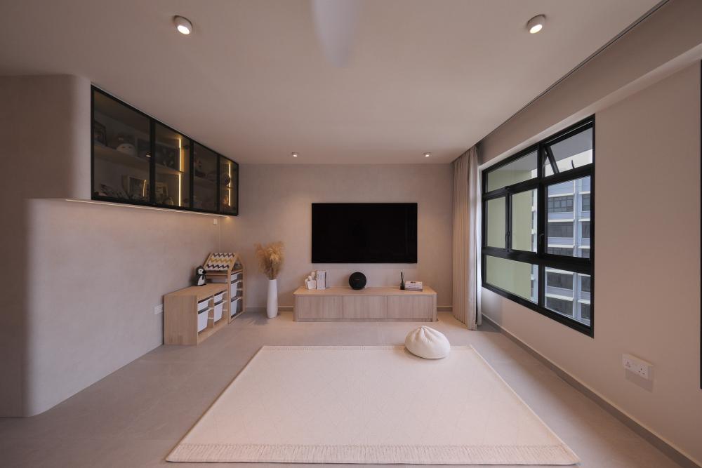 Modern Living Room with Vinyl Flooring and Cement Floor