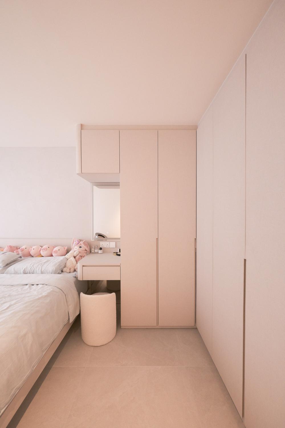 Modern Bedroom with Cement Floor and Bay Window