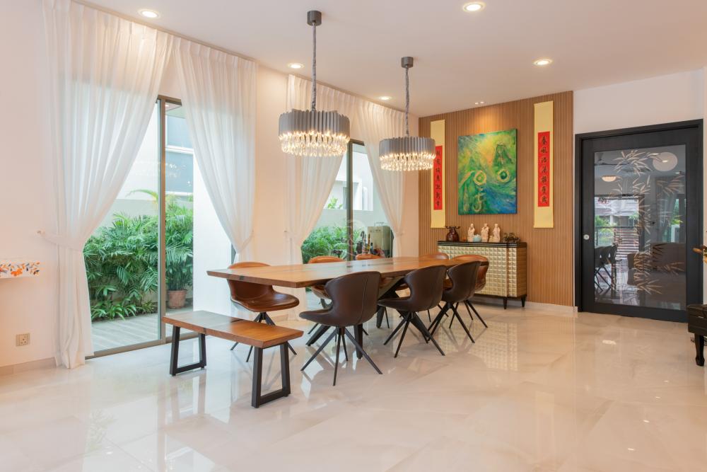 Modern Living Room with Homogeneous Tiles and Ceiling Light